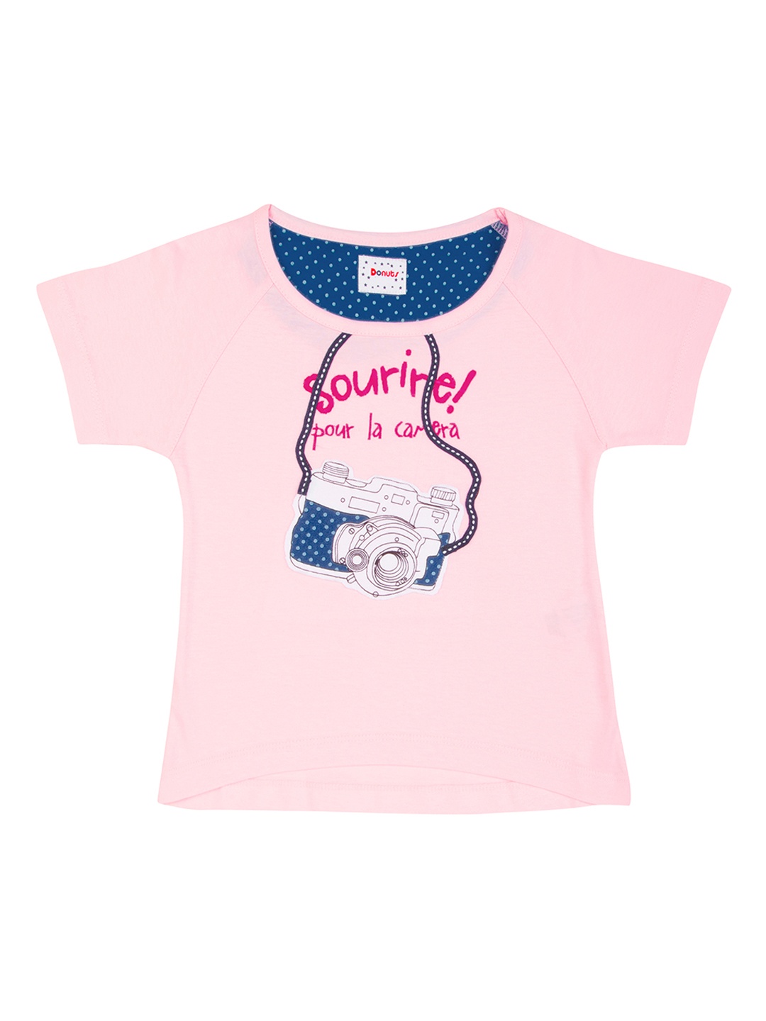 

Donuts Girls Pink Printed Round Neck Appliqued Pure Cotton T-shirt