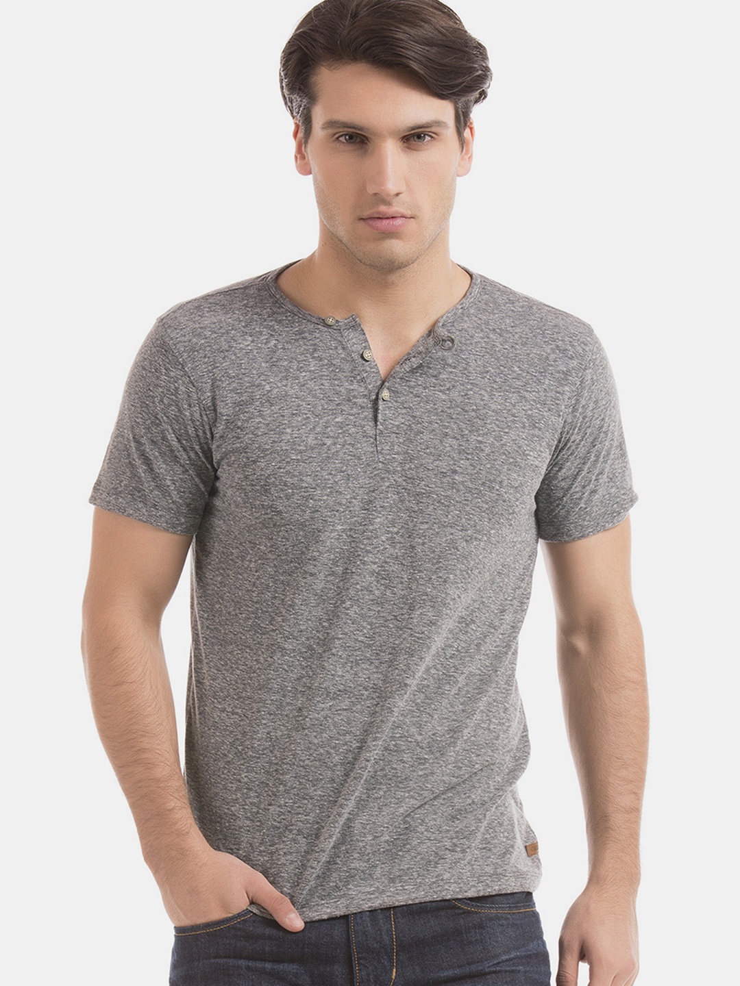

Cherokee Men Grey Printed Henley Neck T-shirt