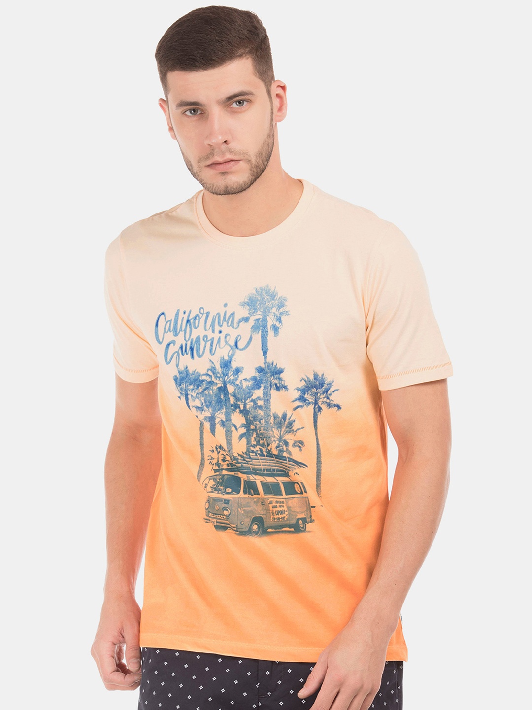 

Cherokee Men Orange Cream Printed Round Neck Pure Cotton T-shirt
