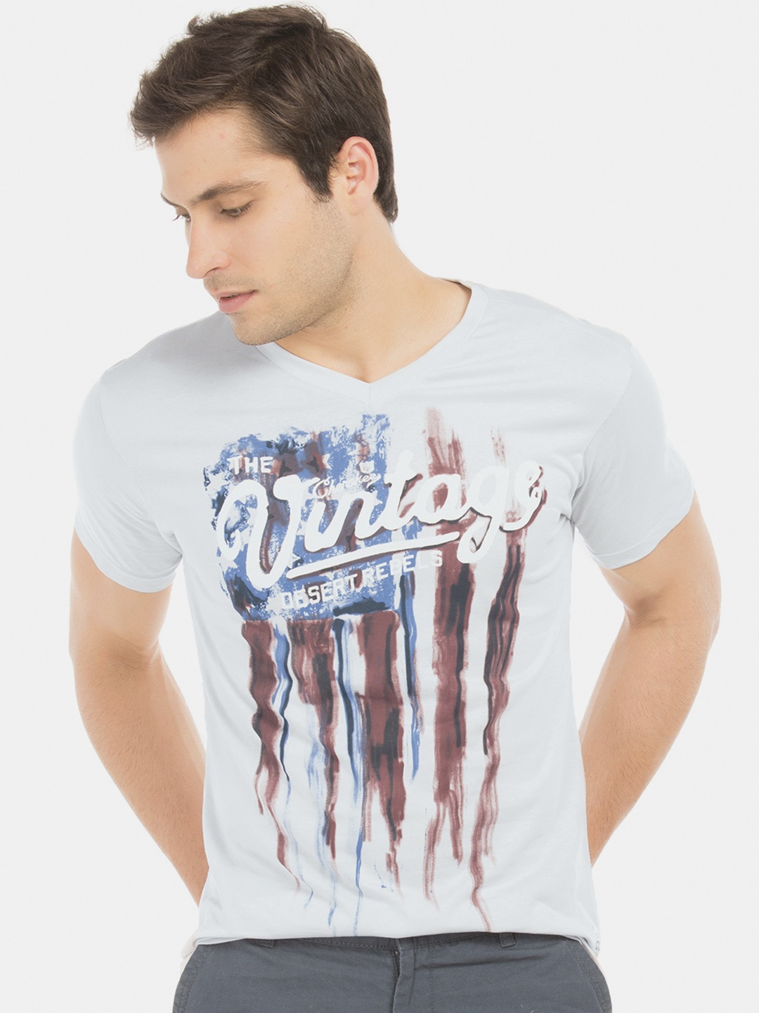 

Cherokee Men White Printed V-Neck Pure Cotton T-shirt