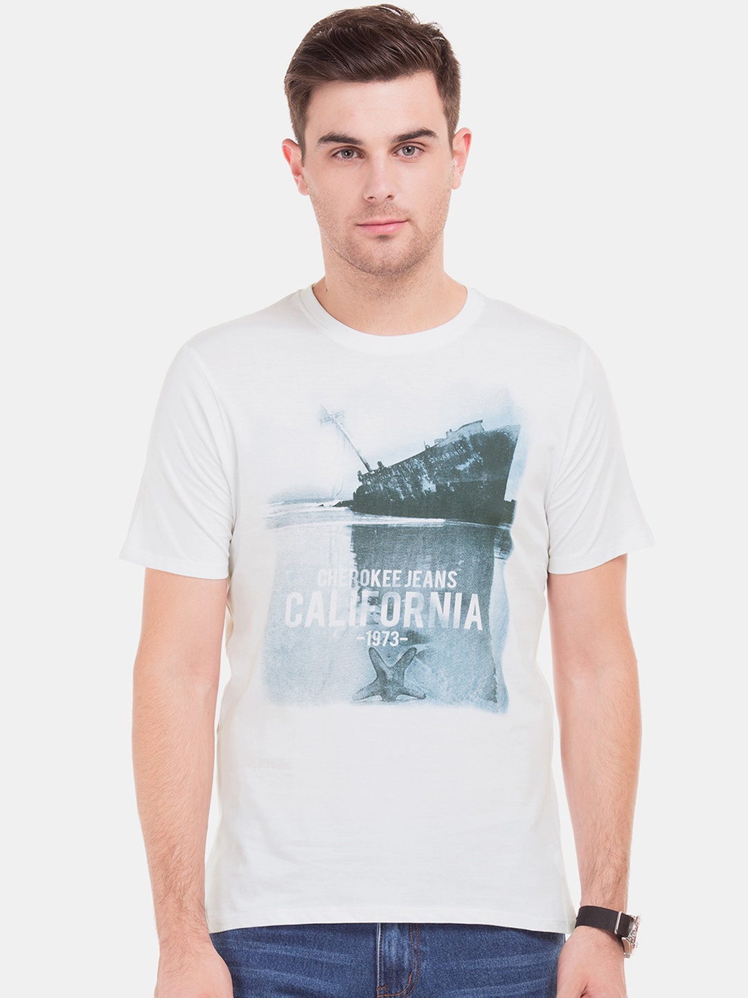 

Cherokee Men White Printed Round Neck Pure Cotton T-shirt