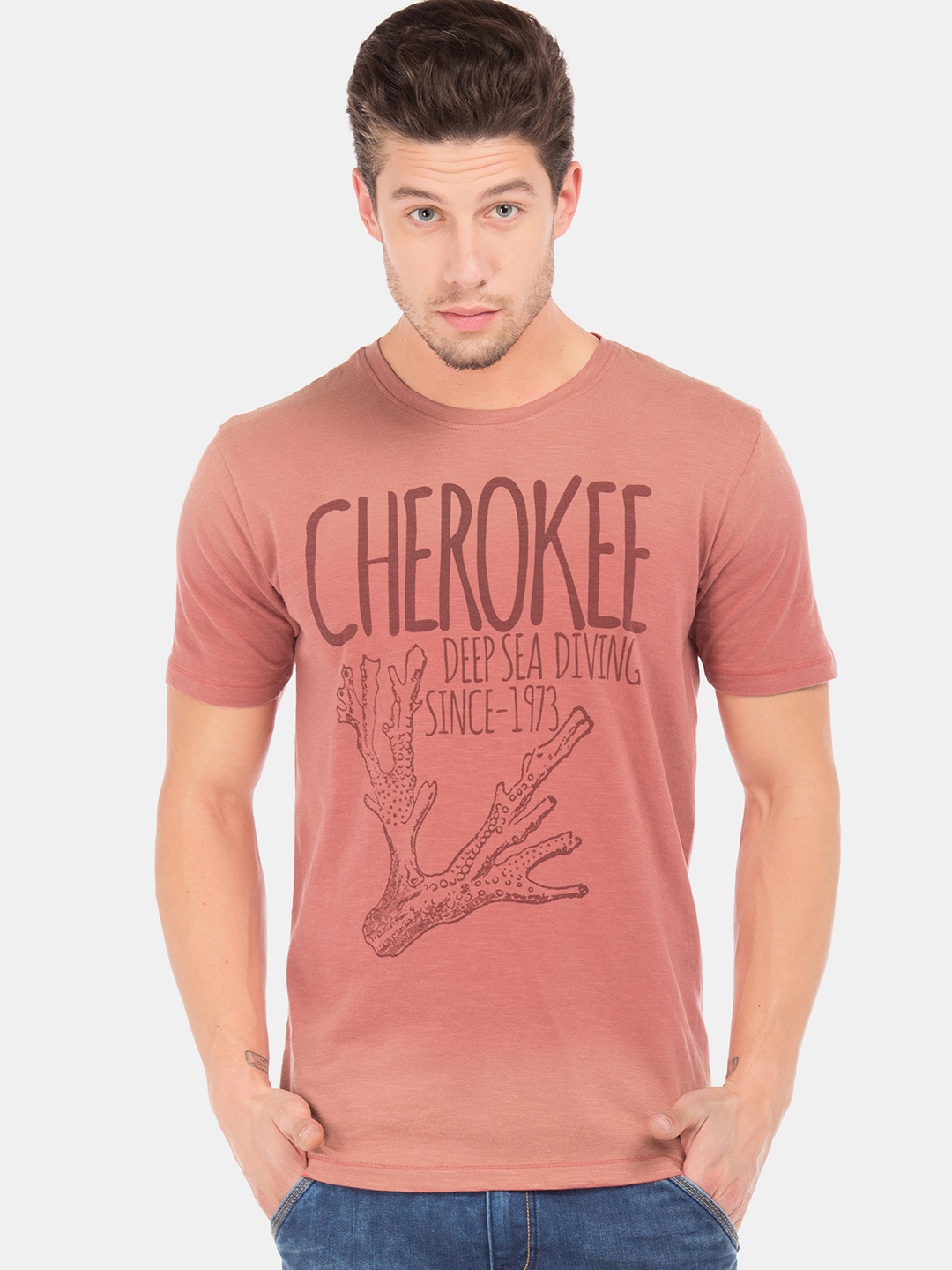 

Cherokee Men Red Printed Round Neck Pure Cotton T-shirt