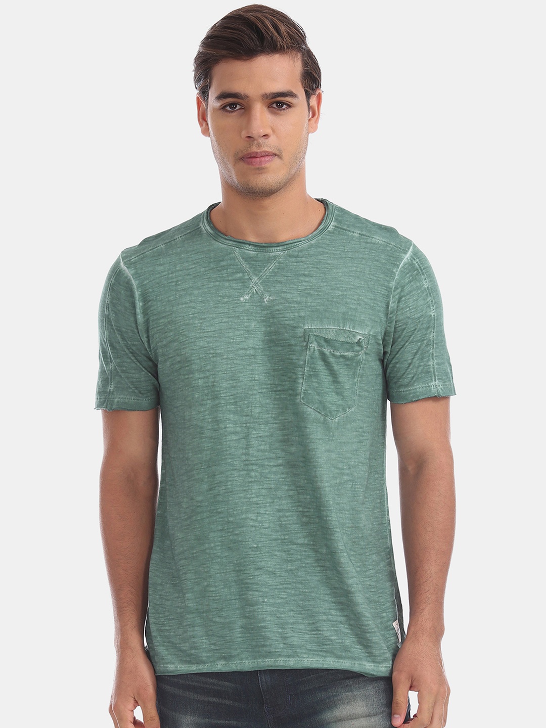 

Cherokee Men Green Self Design Round Neck Pure Cotton T-shirt