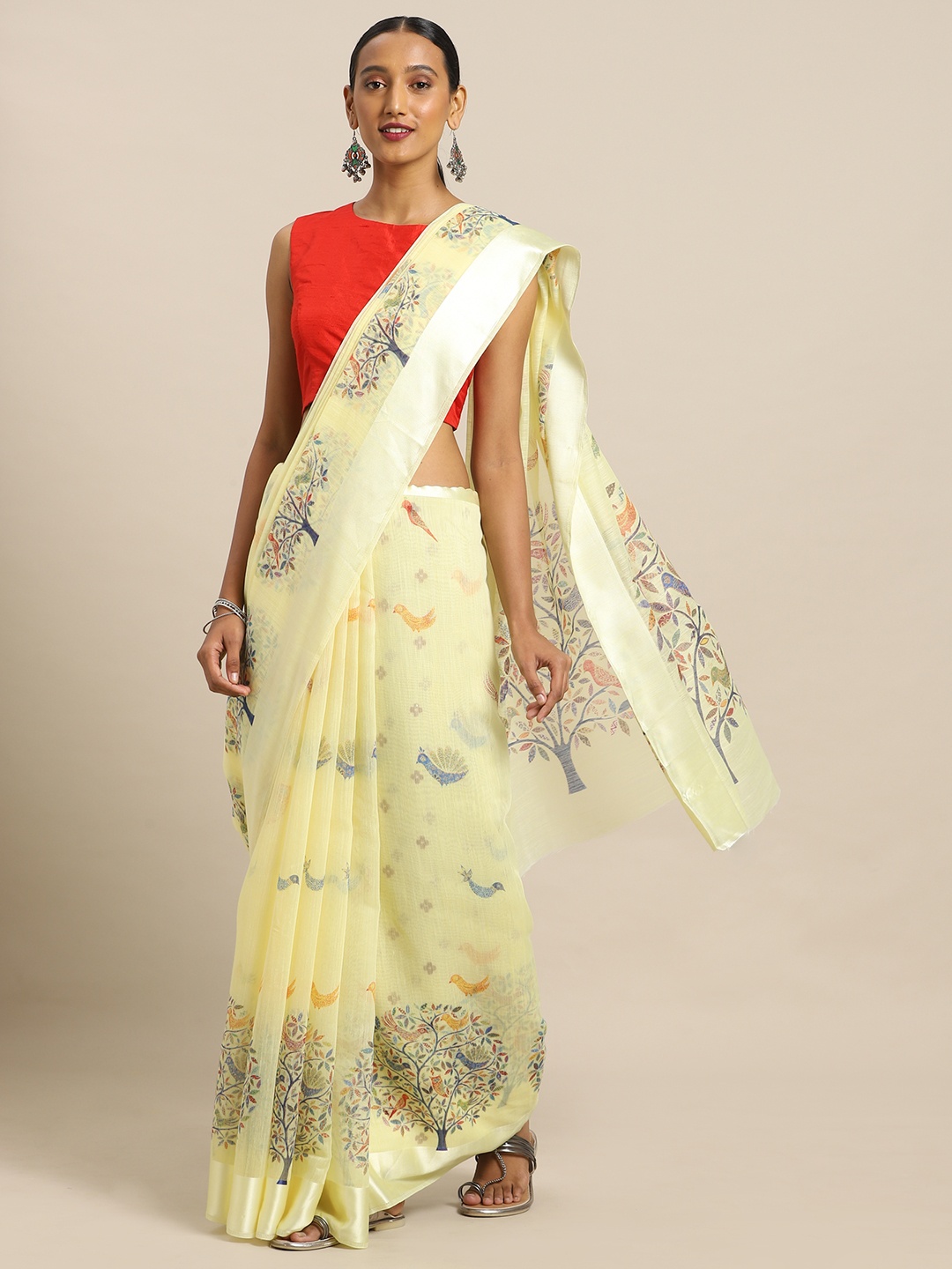 

KALINI Yellow & Blue Polycotton Printed Saree