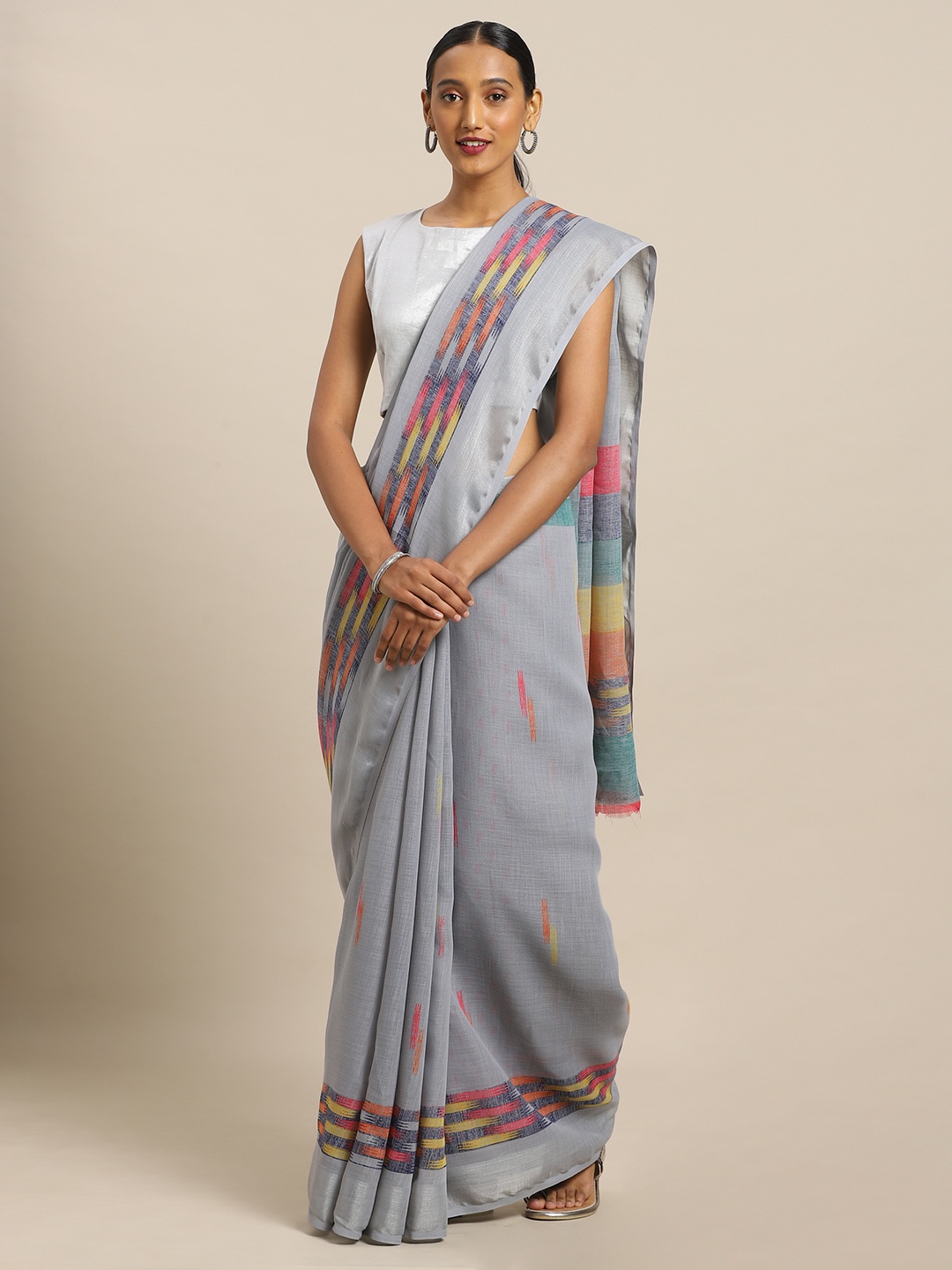 

KALINI Grey & Orange Linen Blend Printed Saree