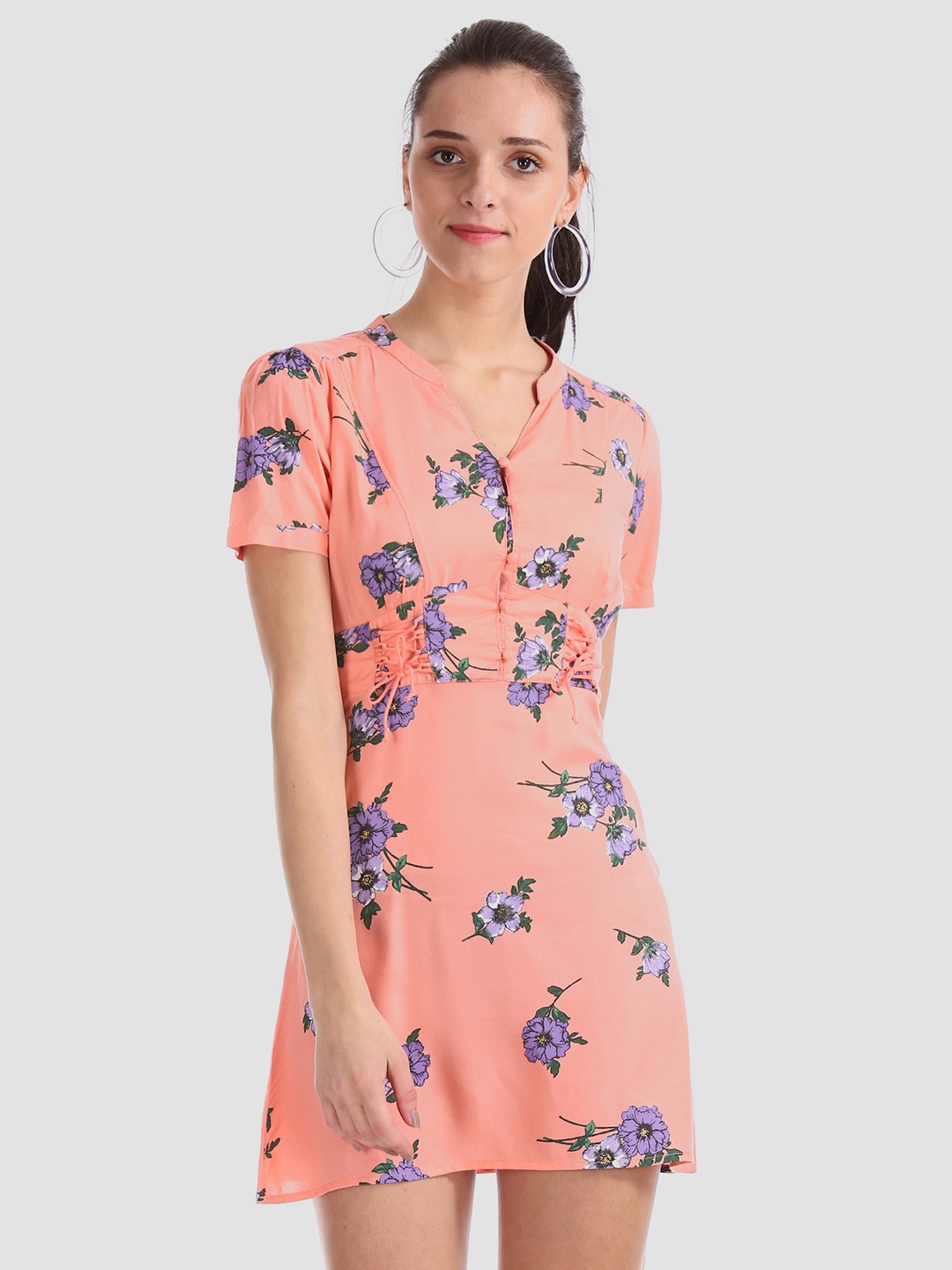 

Aeropostale Women Coral Pink & Lavender Floral Print Empire Dress