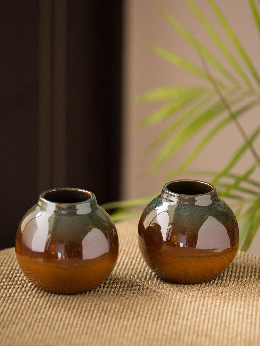 

ExclusiveLane Set Of 2 Brown & Teal Printed Amber Studio Ceramic Pottery Vases