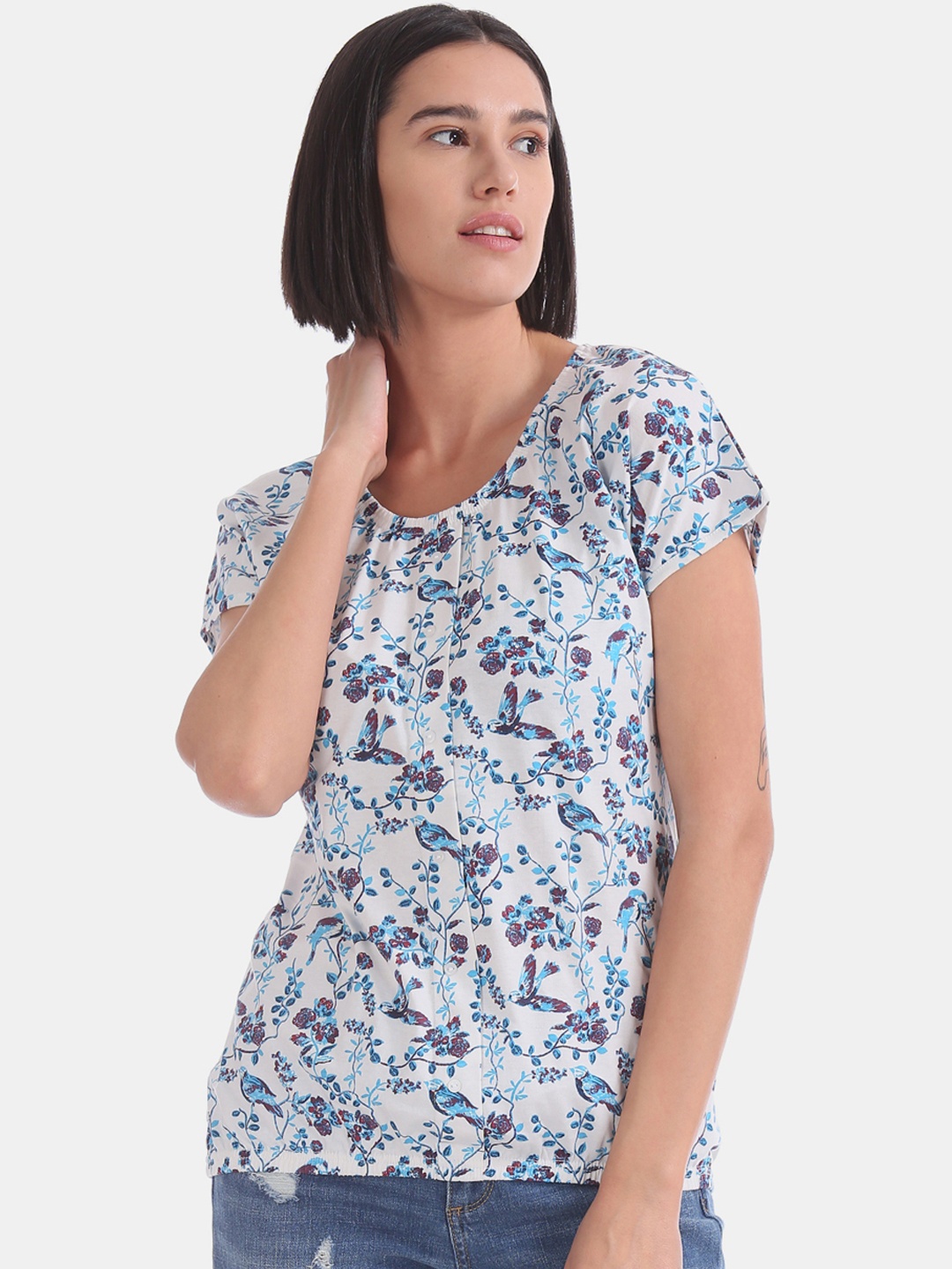 

Cherokee Women White Blue Floral Printed Round Neck Pure Cotton T-shirt