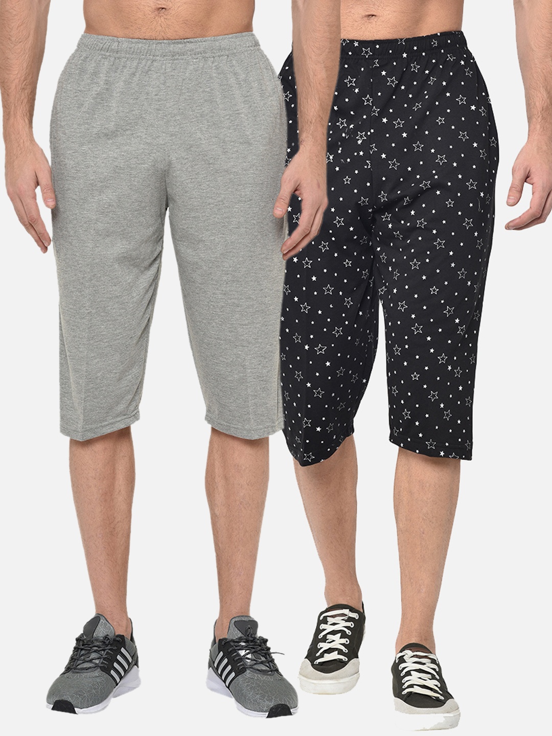 

MACK JONNEY Men Pack of 2 Grey Melange & Black Printed Regular Fit Shorts