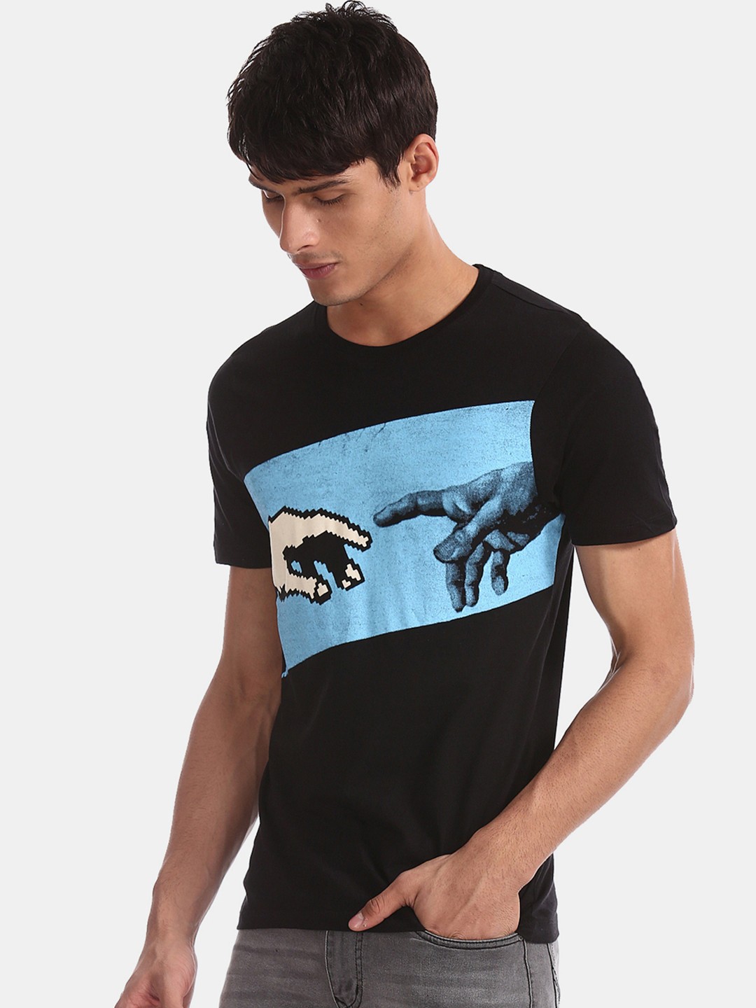 

Colt Men Black Blue Printed Round Neck Pure Cotton T-shirt