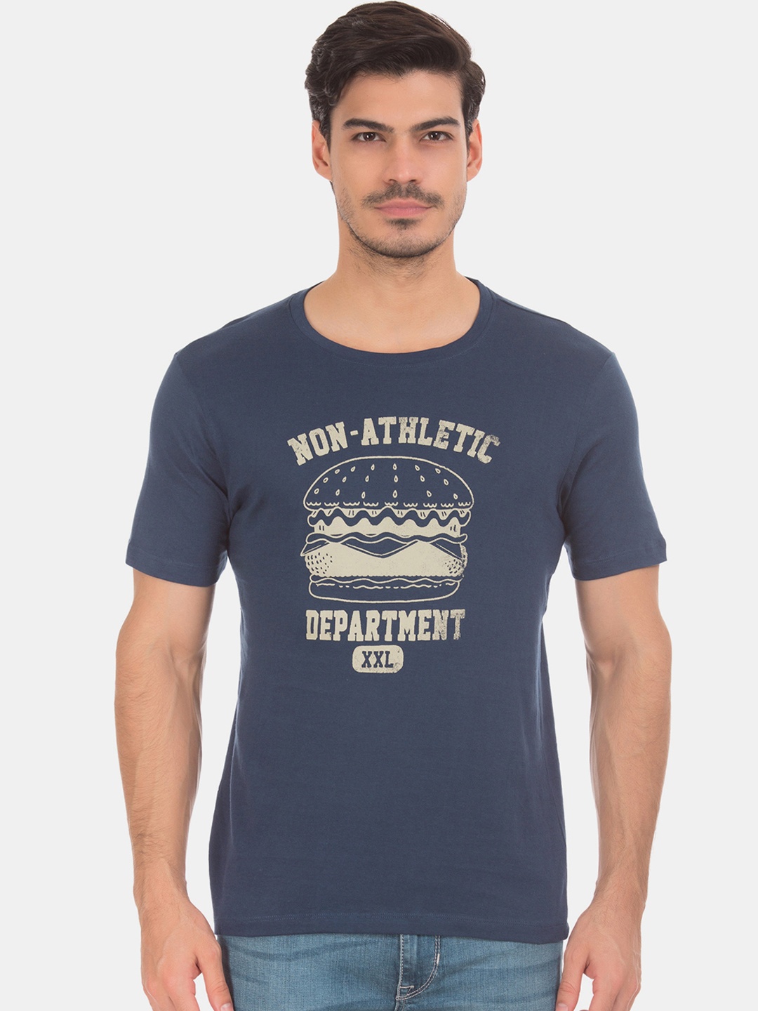 

Colt Men Blue Beige Printed Round Neck Pure Cotton T-shirt