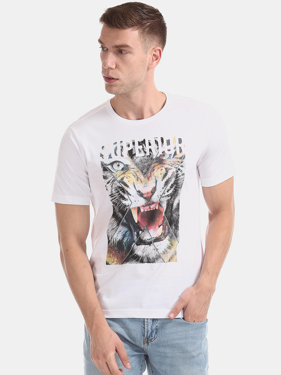 

Colt Men White & Beige Tiger Print Round Neck T-shirt
