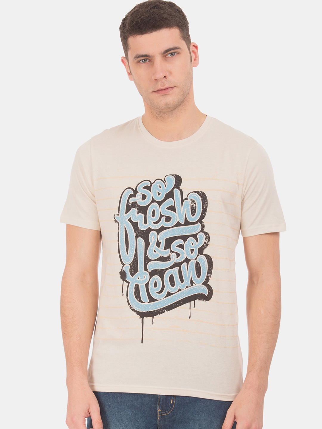 

Colt Men Beige Blue Printed Round Neck Pure Cotton T-shirt
