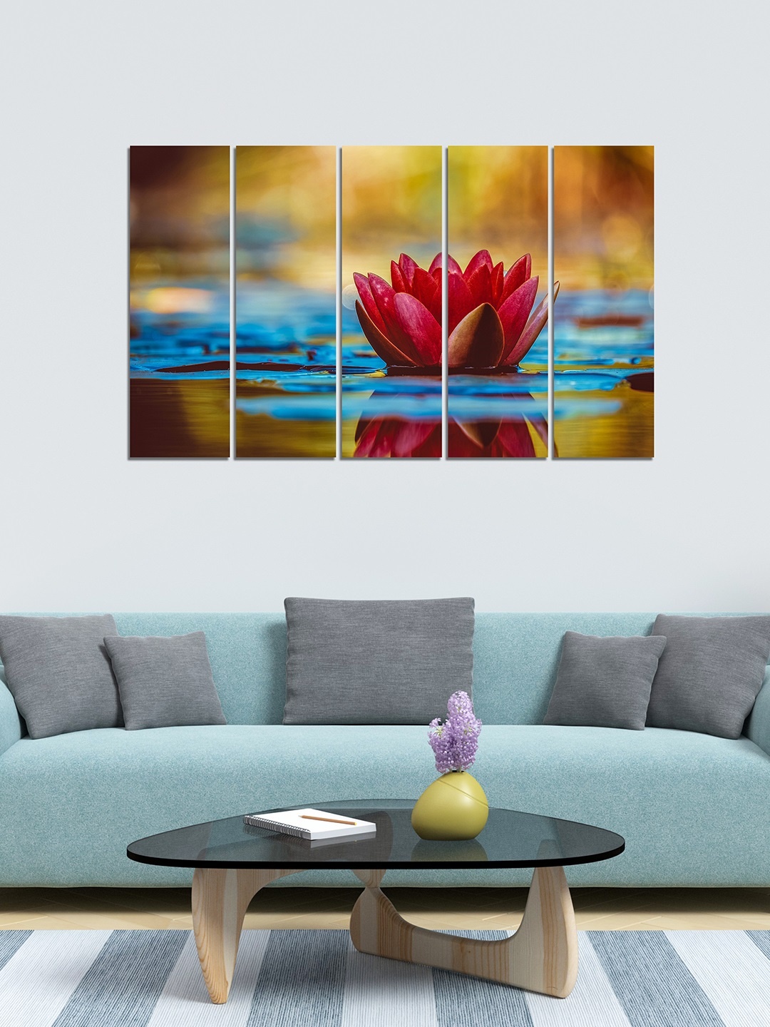 

WENS 5 Panelled Pink & Blue Water Lily Essence Velvet Laminated Painting