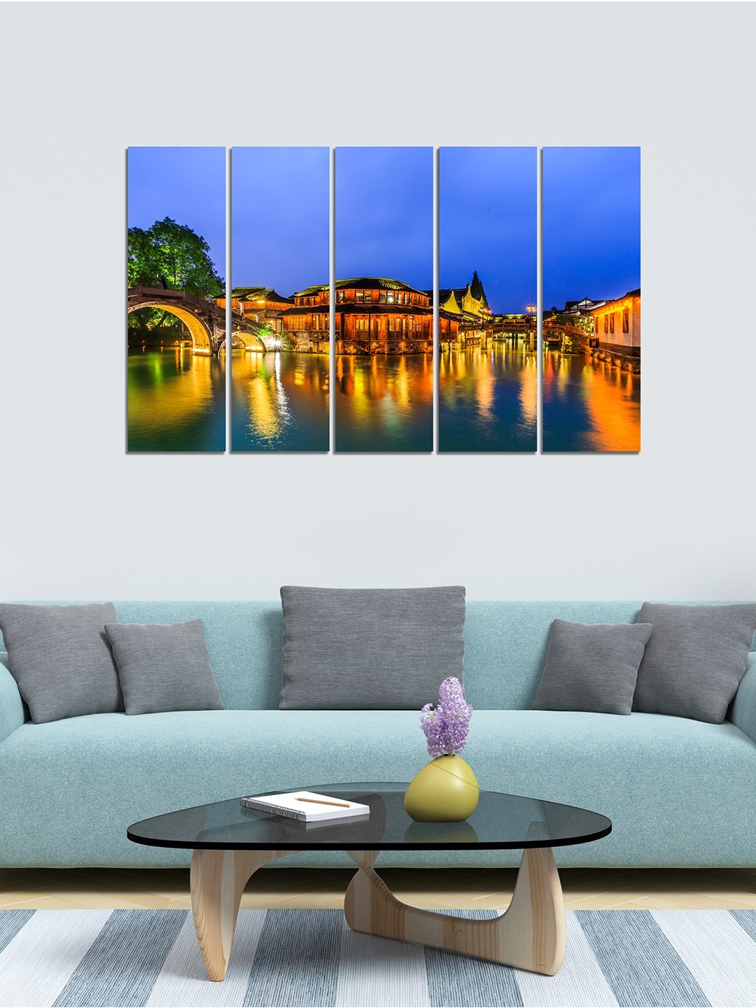

WENS Set of 5 Blue & Orange Reflection Of Water Velvet Laminated Panelled Wall Paintings