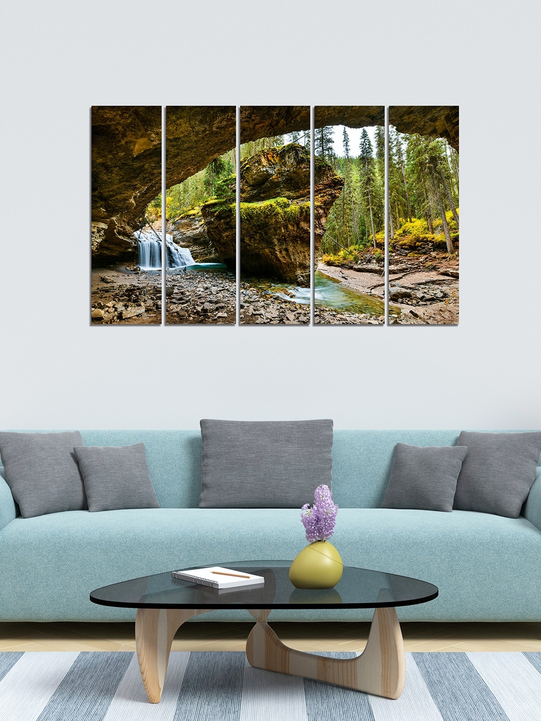 

WENS Set of 5 Green & Brown Waterfall In Mountains Velvet Laminated Panelled Wall Painting