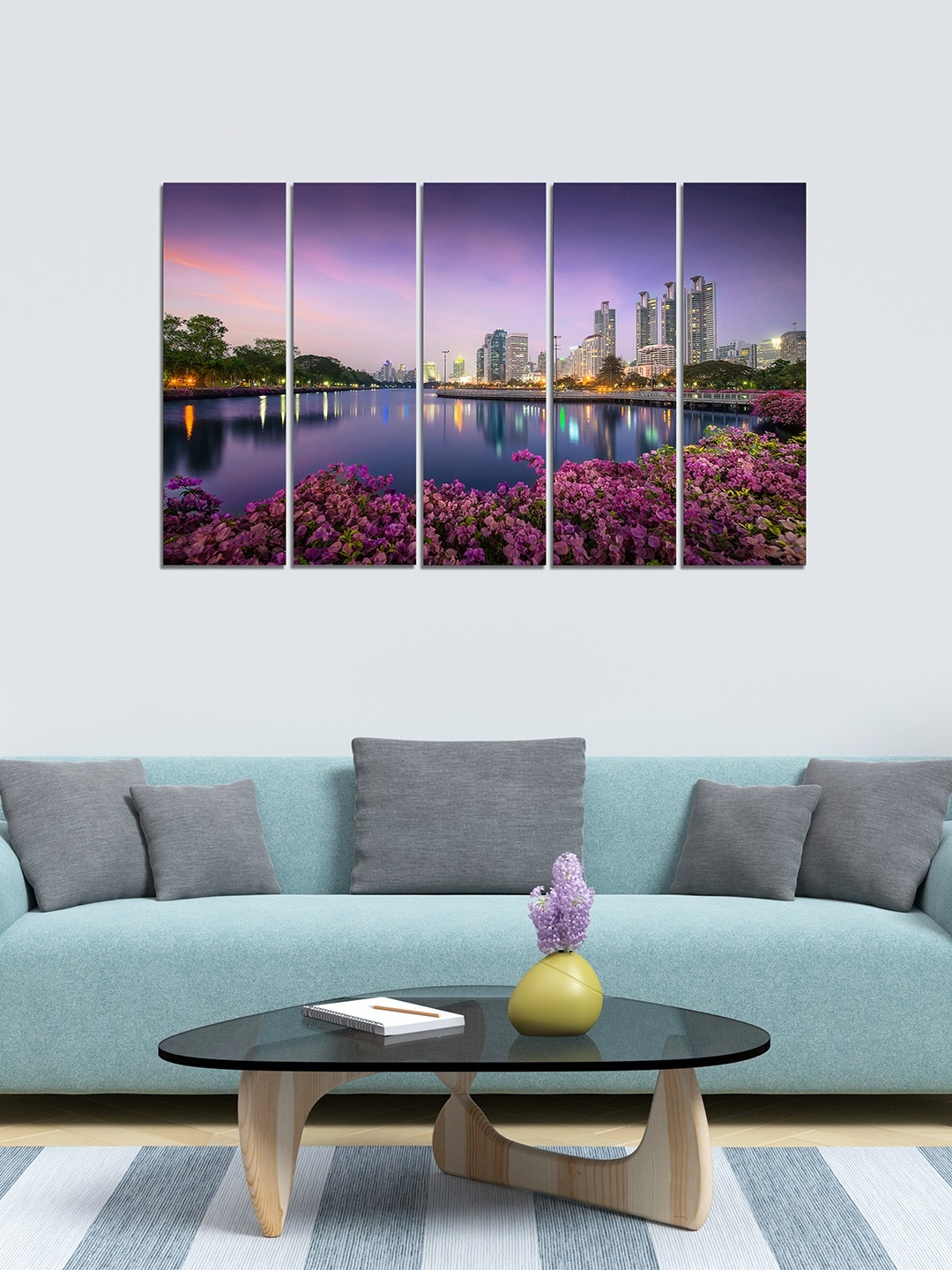 

WENS Purple & Pink 5 Panelled City View Velvet Laminated Wall Painting