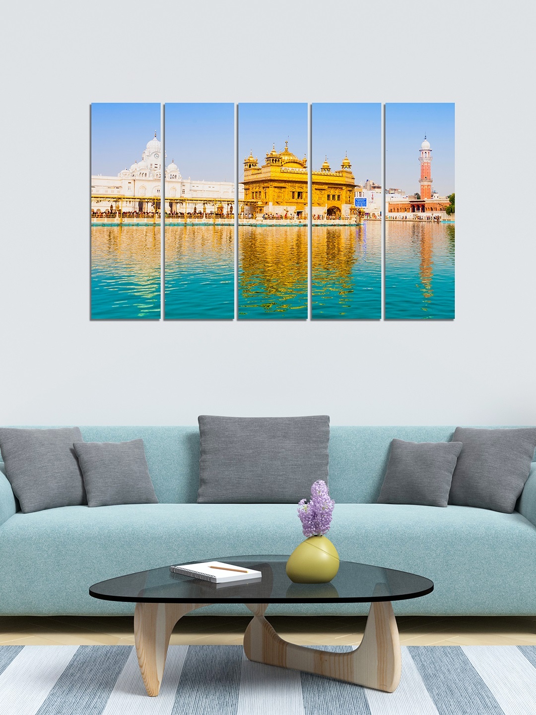 

WENS Blue & Yellow 5 Panelled Golden Temple Velvet Laminated Wall Painting