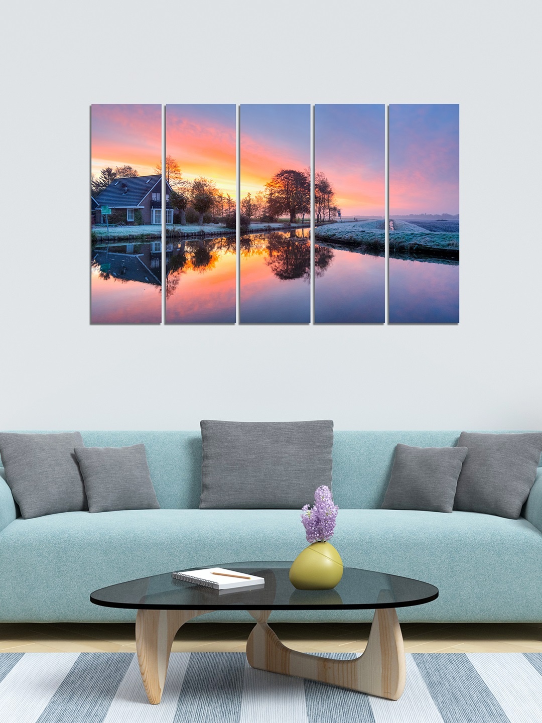 

WENS Blue & Yellow 5 Panelled Wonderful Nature Art Velvet Laminated Wall Painting