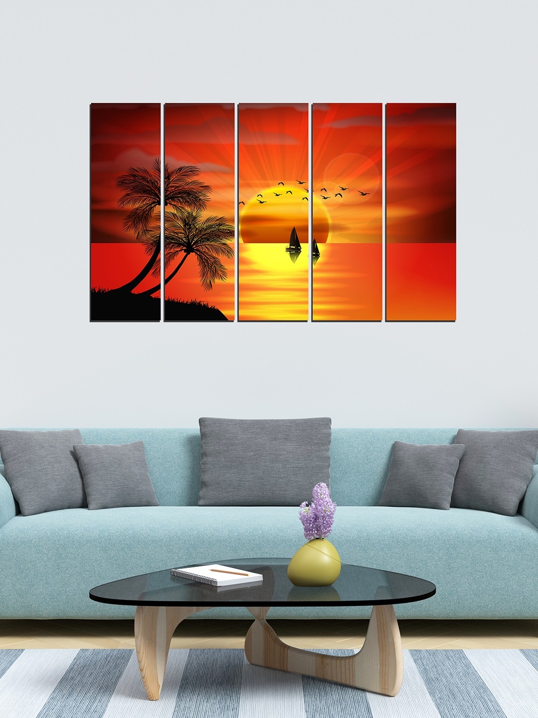 

WENS Set of 5 Red & Black Beautiful Sunrise Velvet Laminated Panelled Paintings