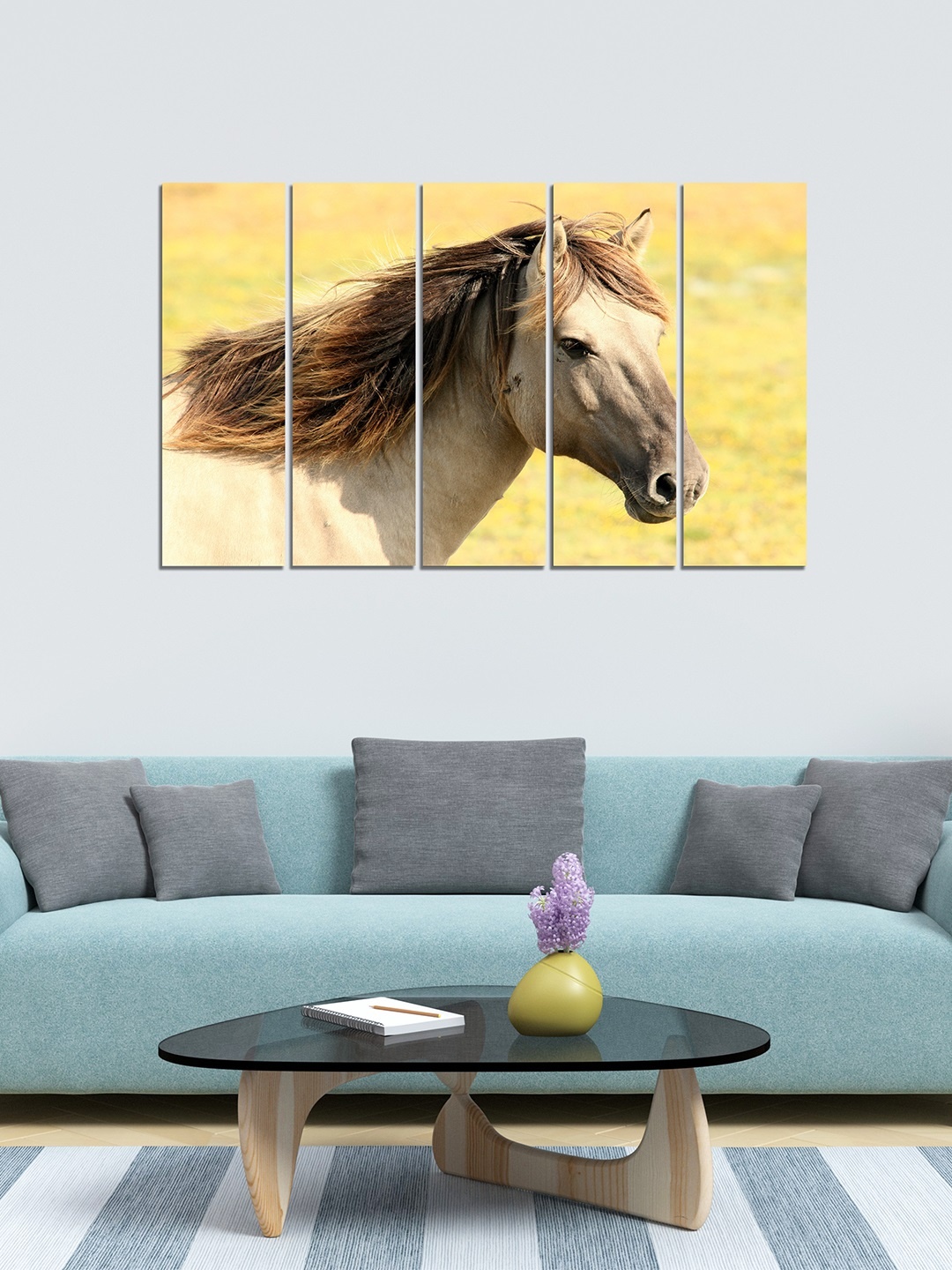 

WENS Yellow & Beige 5 Panelled Vastu Horse Velvet Laminated Wall Painting