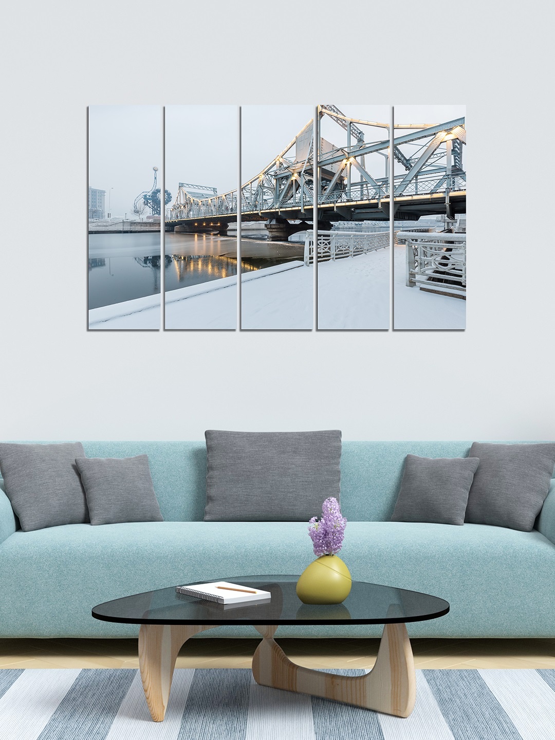 

WENS Grey & Black 5 Panelled Bridge View Velvet Laminated Wall Painting