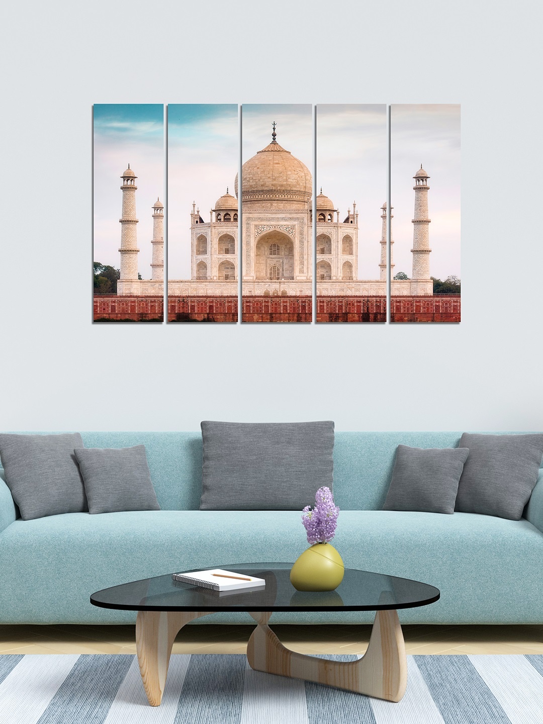 

WENS Set of 5 Off-White & Brick Red Taj Mahal Velvet Laminated Panelled Paintings