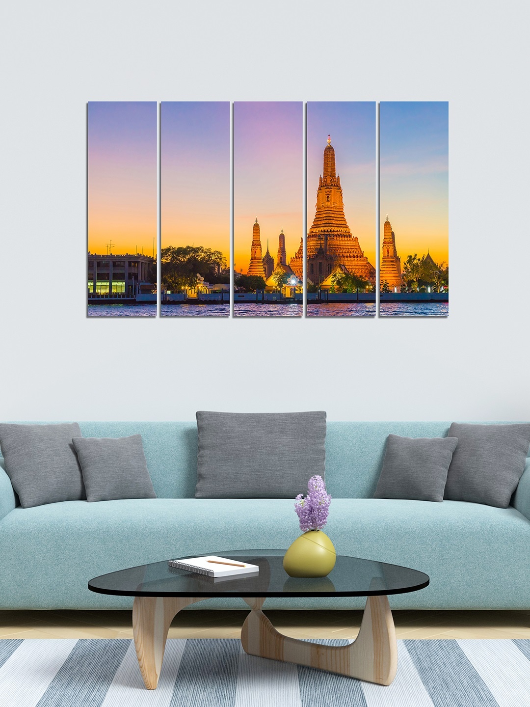 

WENS Set of 5 Blue & Orange Wat Arun Temple Velvet Laminated Panelled Paintings