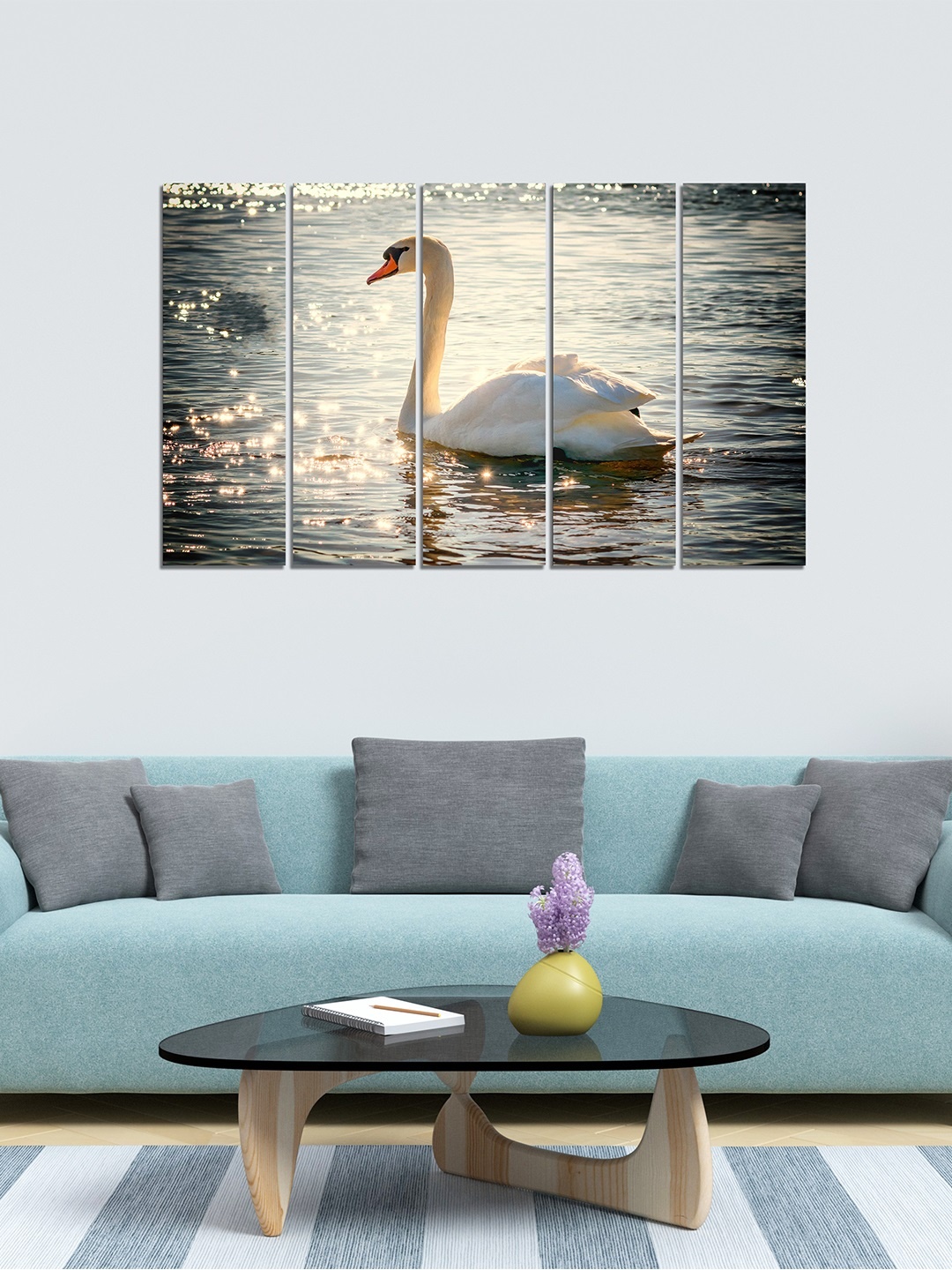

WENS Set of 5 Grey & White Swan Velvet Laminated Panelled Paintings