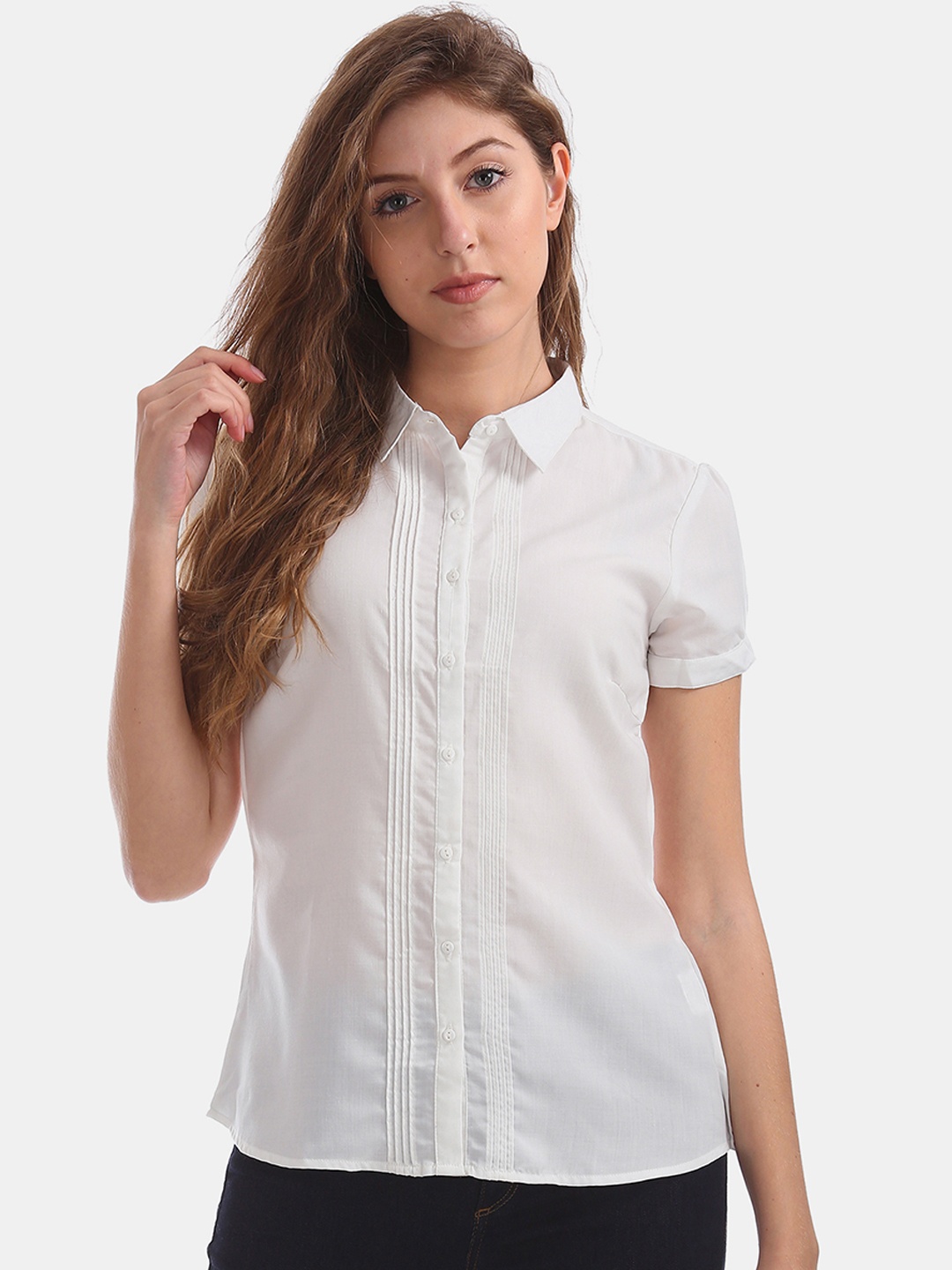 

Cherokee Women White Solid Casual Shirt