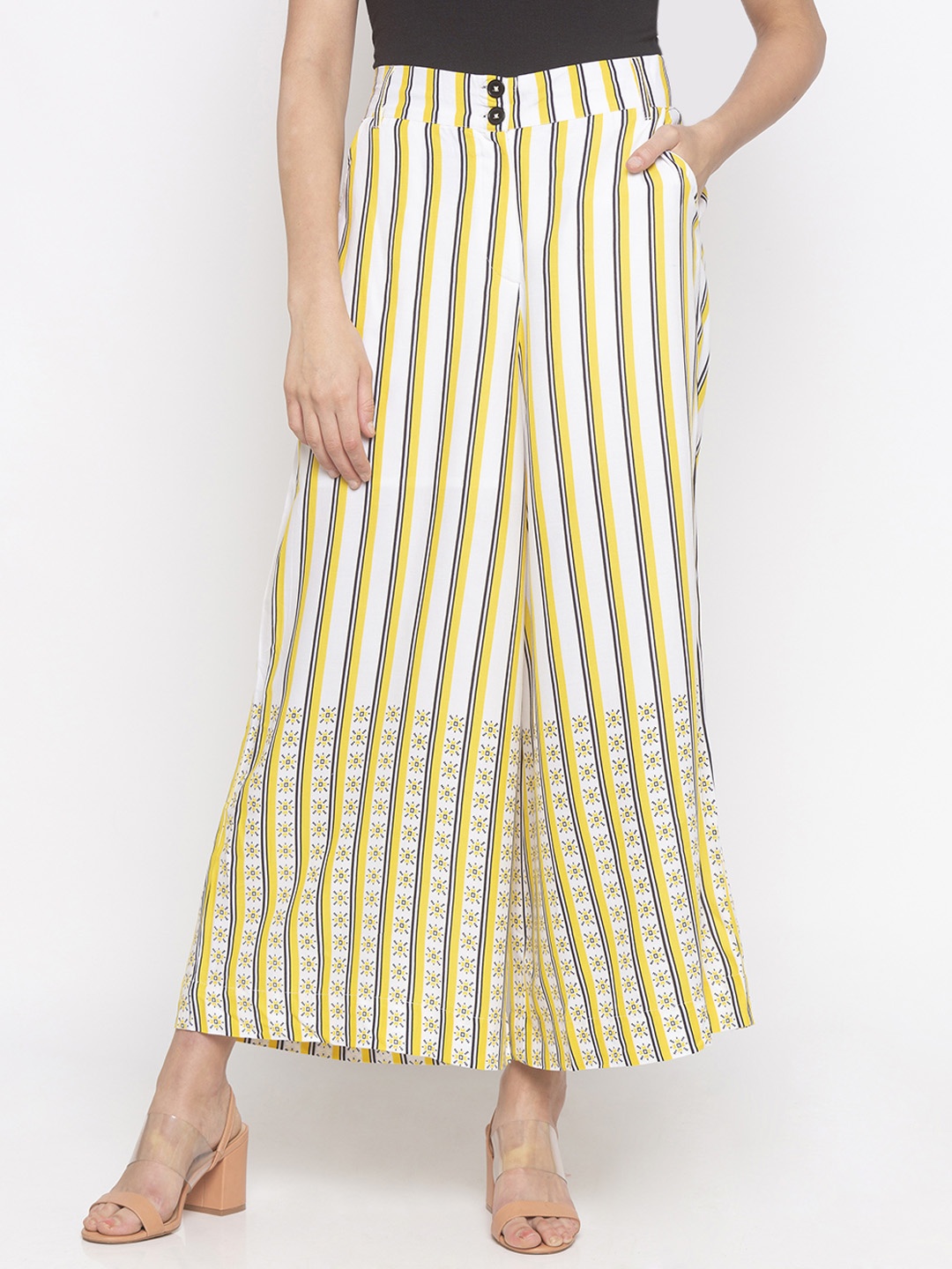 

Globus Women Yellow & White Loose Fit Striped Regular Trousers
