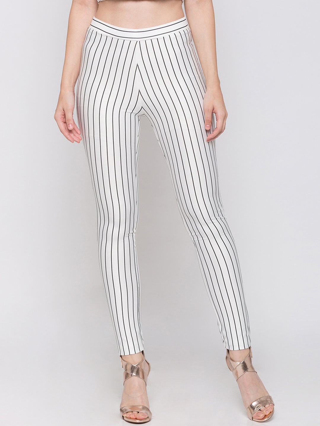 

Globus Women White & Black Striped Skinny-Fit Treggings