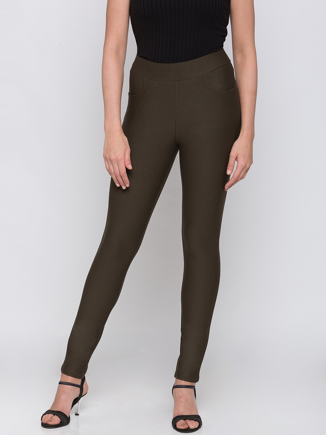 

Globus Women Olive Green Solid Skinny-Fit Treggings