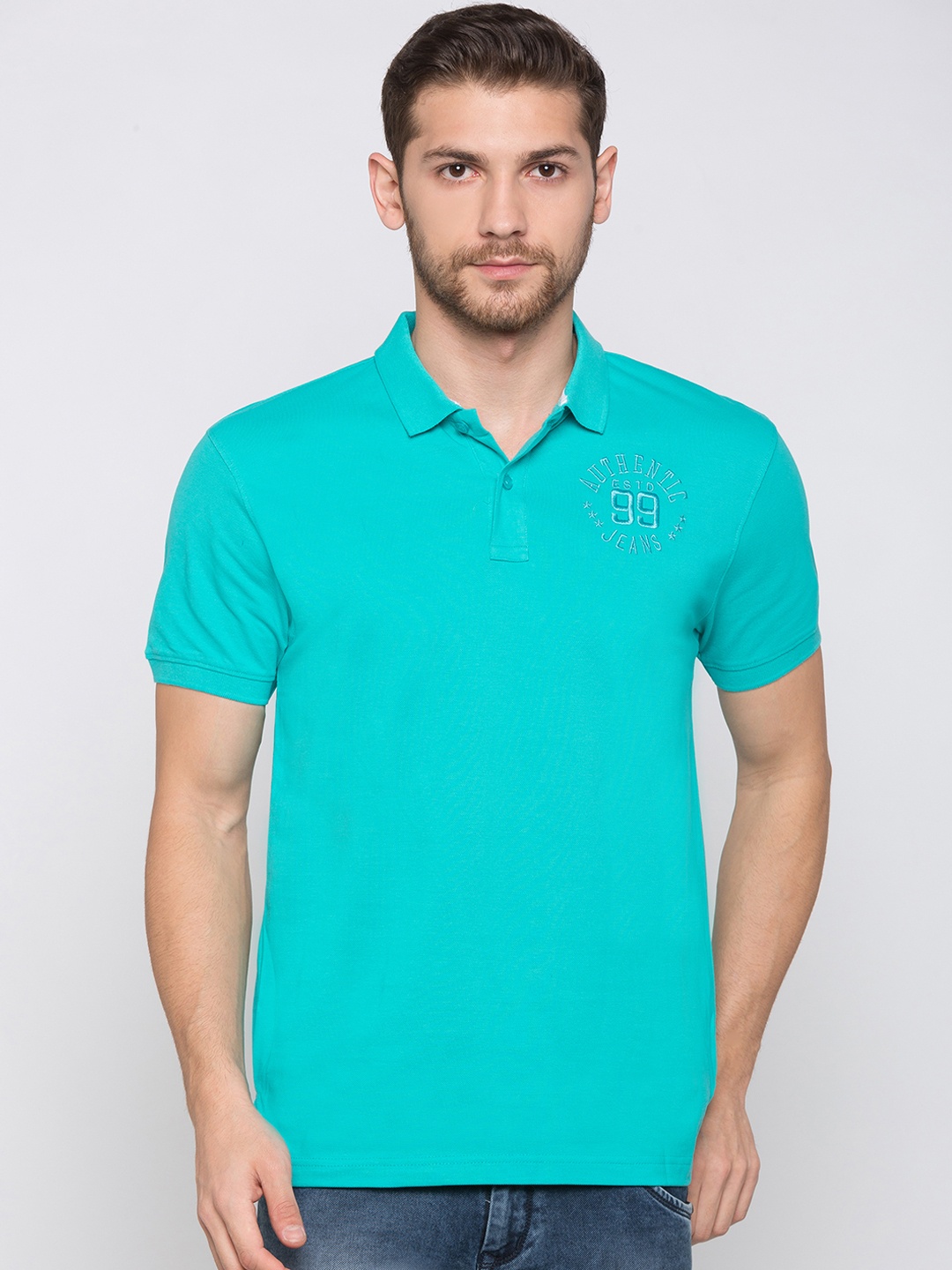 

Globus Men Turquoise Blue Solid Polo Collar T-shirt