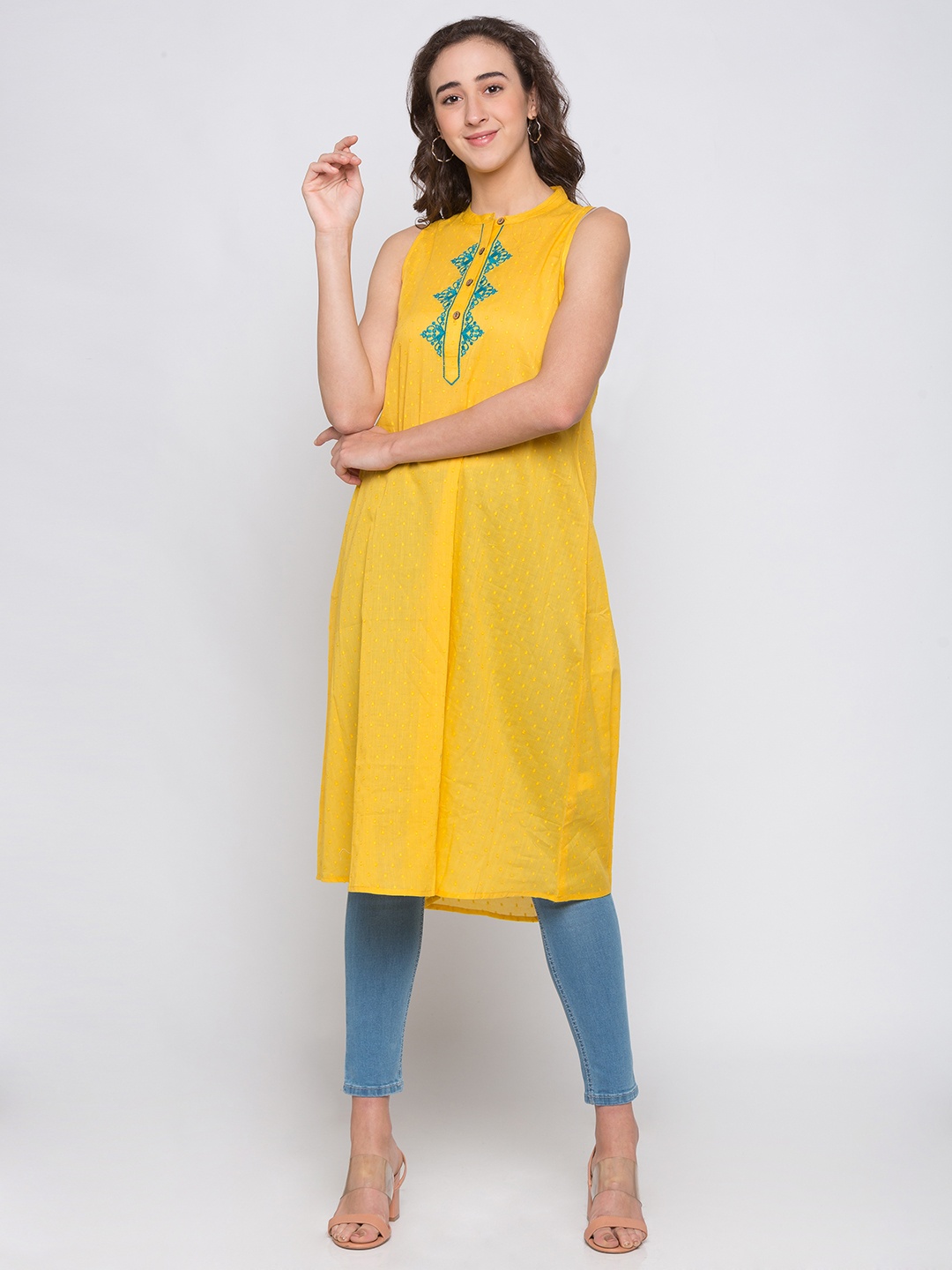

Globus Women Yellow Embroidered Dobby Weaved A-Line Kurta
