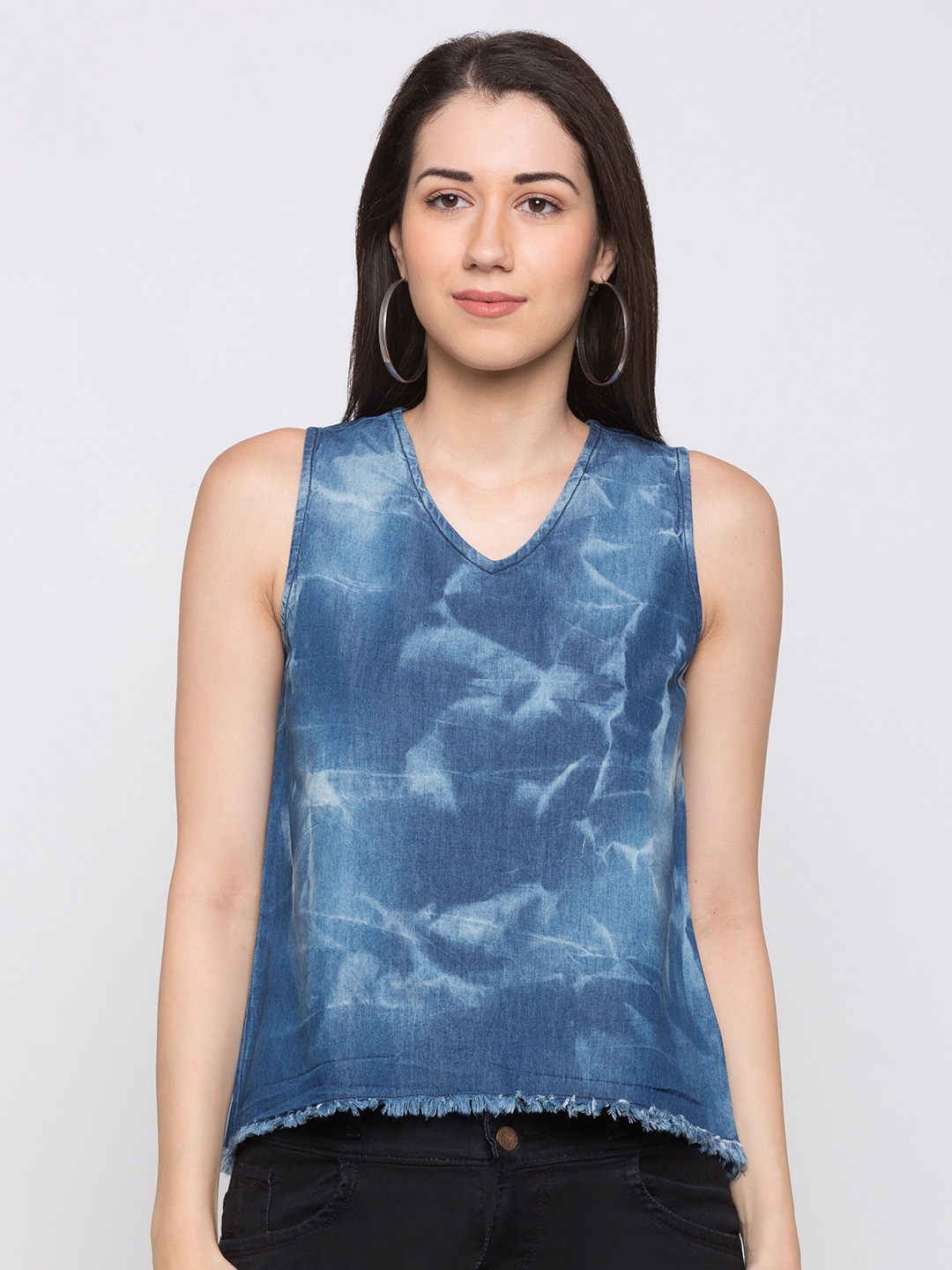 

Globus Women Blue Dyed High-Low Denim Pure Cotton Top