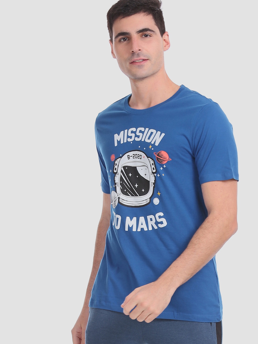 

Colt Men Blue Printed Round Neck Pure Cotton T-shirt