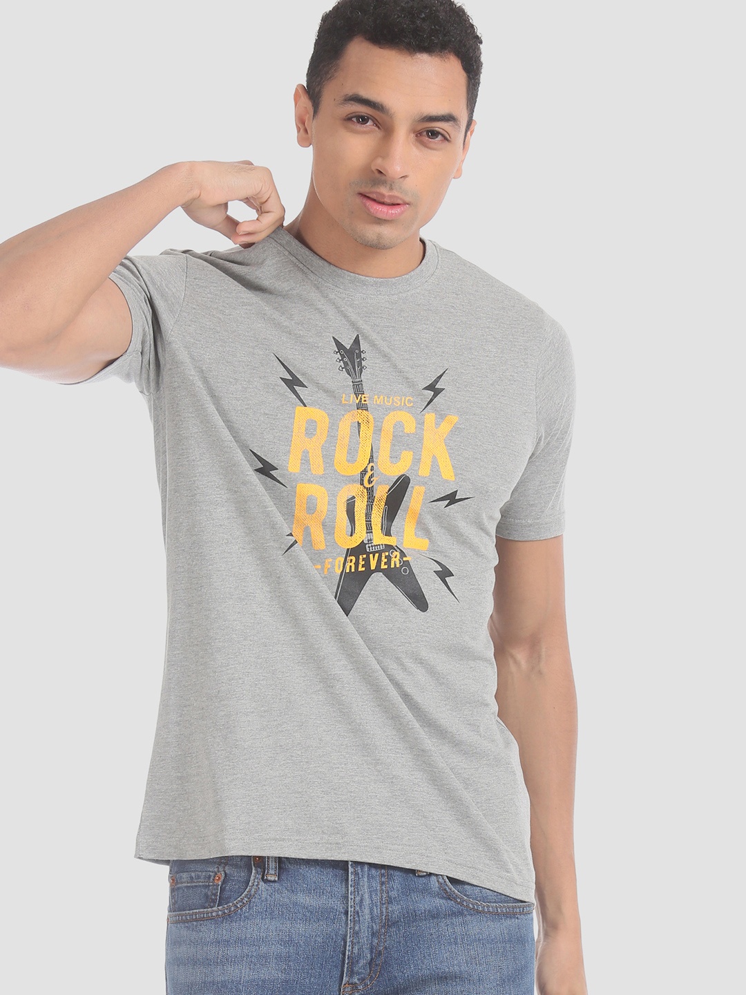 

Colt Men Grey Melange & Yellow Printed Round Neck T-shirt