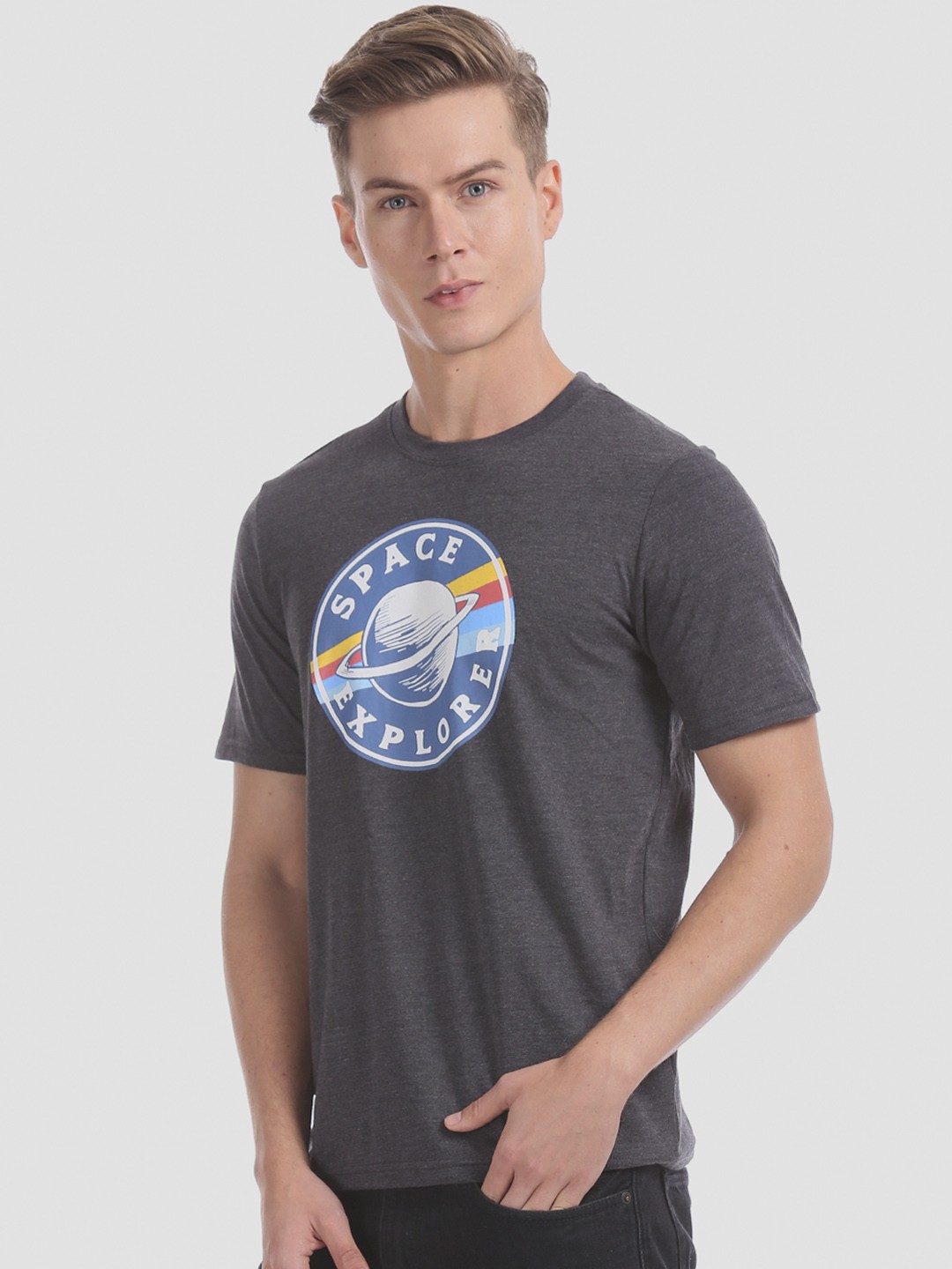 

Colt Men Grey & Blue Printed Round Neck T-shirt