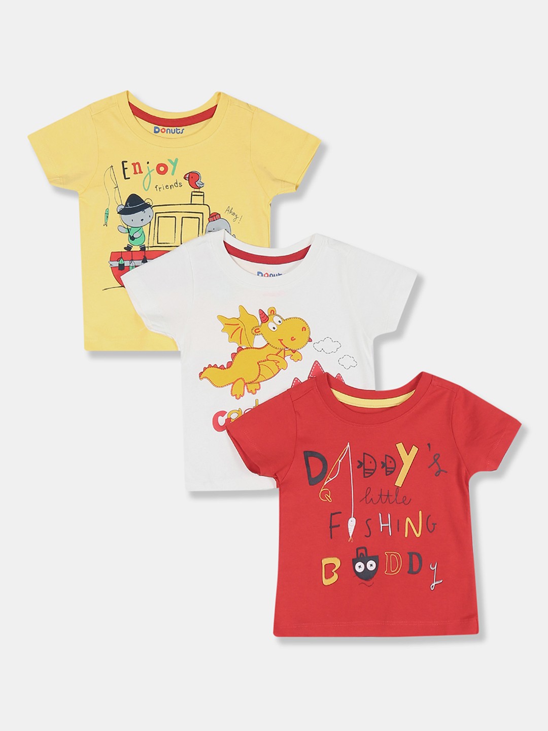 

Donuts Infant Boys Pack of 3 Assorted Printed Round Neck Pure Cotton T-shirt