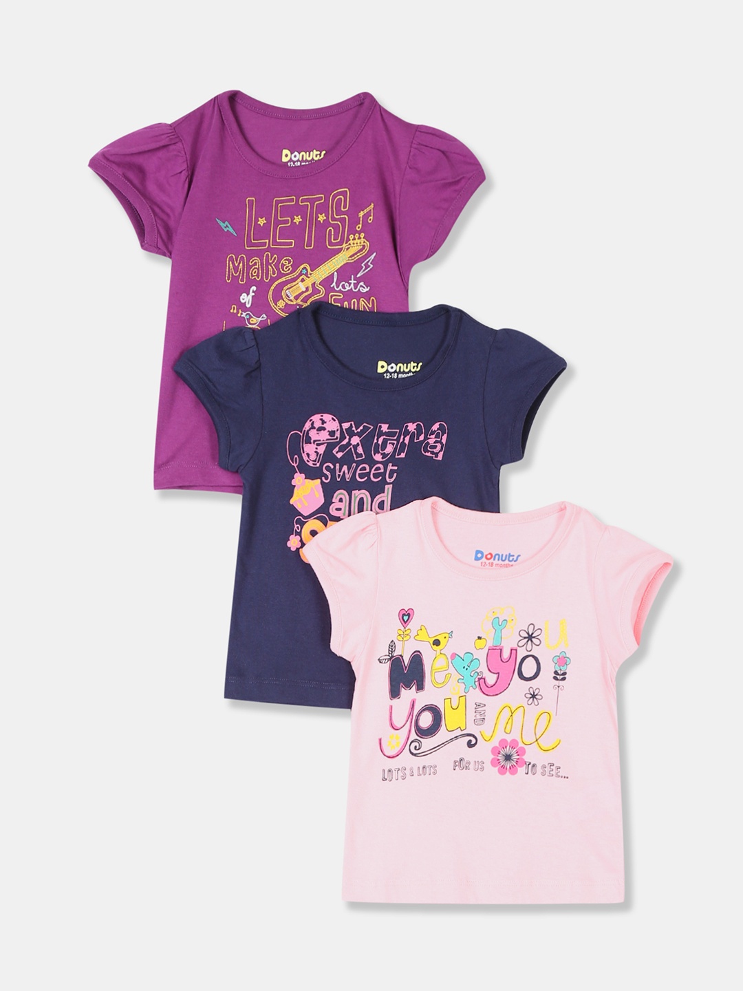Donuts Girls Pack of 3 Printed Round Neck T-shirts, Purple