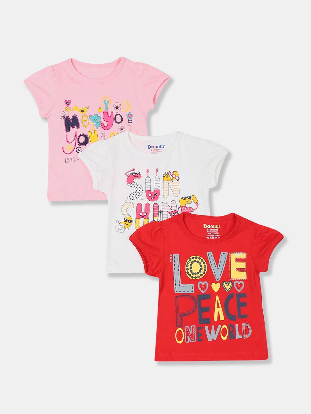 

Donuts Girls Pack Of 3 Printed Round Neck T-shirts, Pink