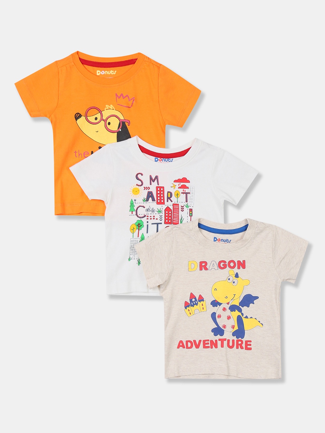 

Donuts Girls Pack of 3 Printed Round Neck Pure Cotton T-shirt, Orange