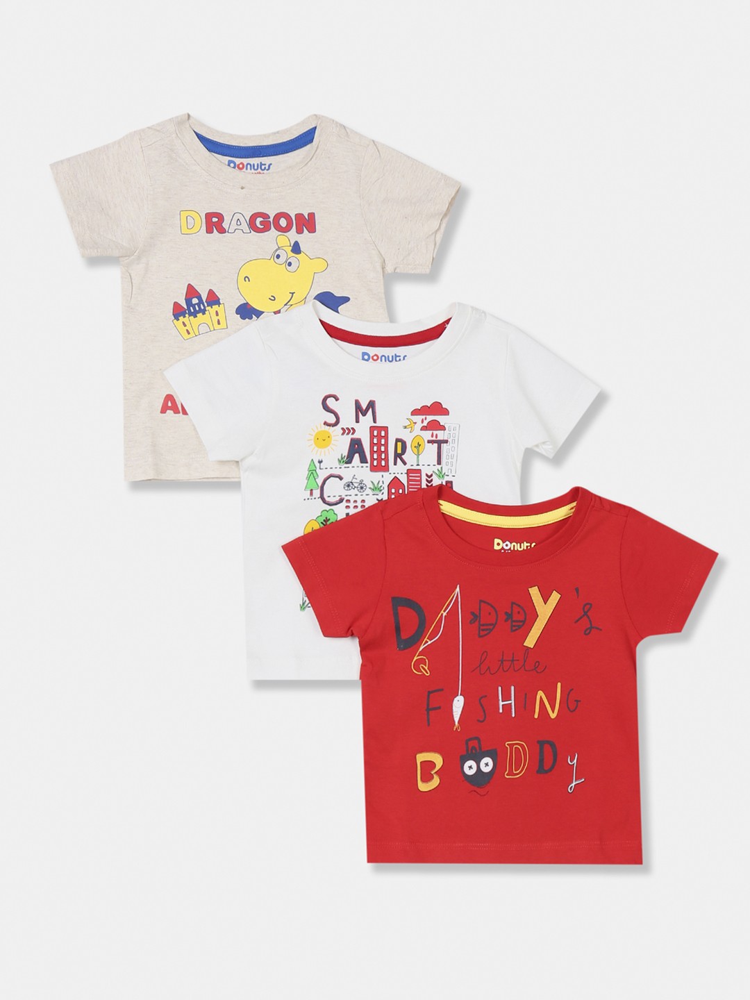 

Donuts Boys Pack of 3 Printed Round Neck Pure Cotton T-shirt, Red