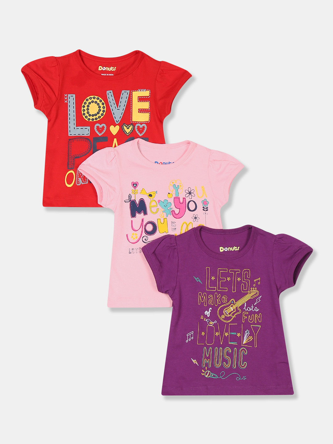 

Donuts Infant Girls Pack of 3 Assorted Printed Round Neck Pure Cotton T-shirt