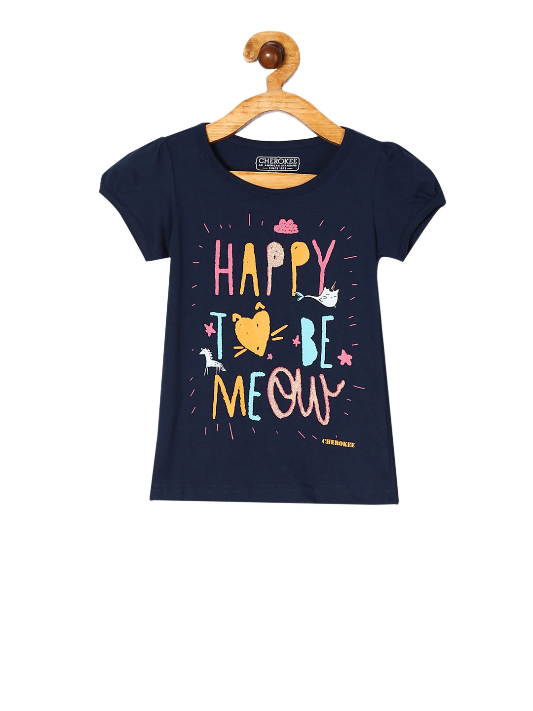 

Cherokee Girls Navy Blue Printed Round Neck Pure Cotton T-shirt
