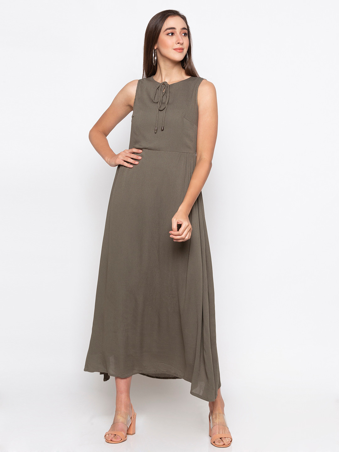

Globus Women Olive Green Solid Maxi Dress