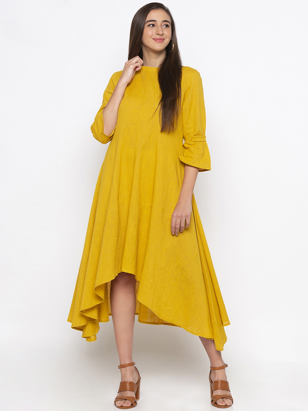 

Globus Women Mustard Yellow Solid Fit and Flare Dress