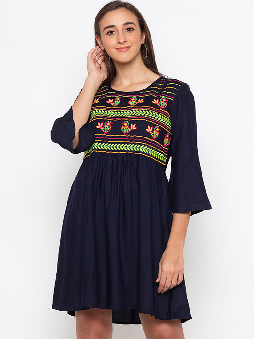 

Globus Women Navy Blue & Green Embroidered Fit & Flare Dress
