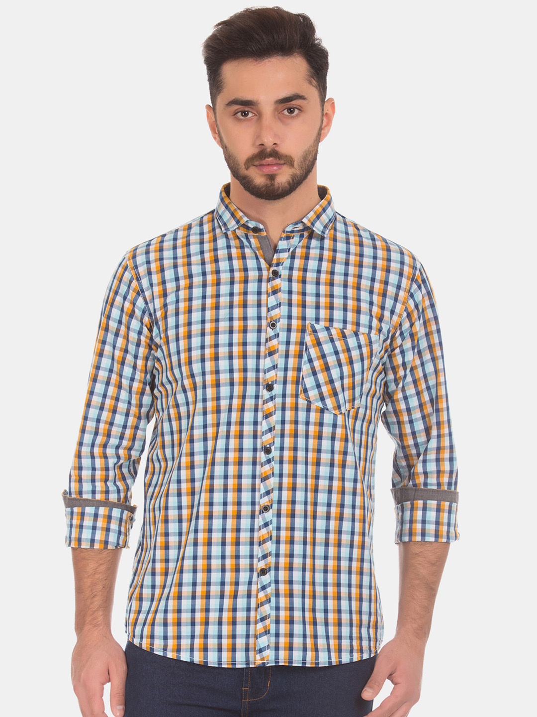 

Ruggers Men Blue & Yellow Regular Fit Checked Casual Shirt